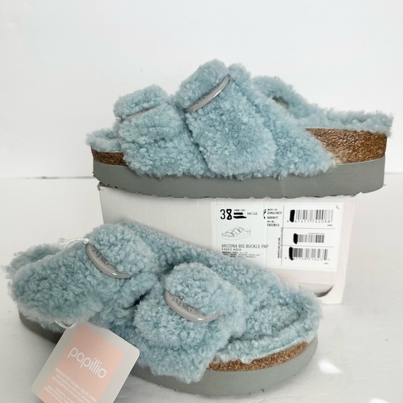 NWT Birkenstock Papillio Arizona Big Buckle Shearling fuzzy sandal blue 38/7 - Picture 1 of 16